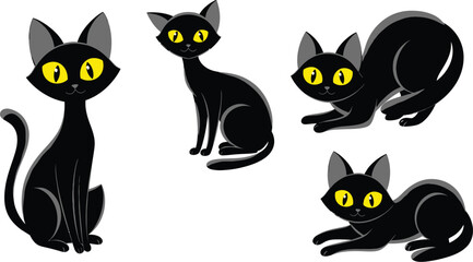 Collection of cute black cats with bright yellow eyes in various poses