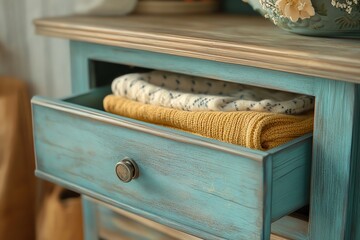 Light Blue Wooden Drawer with Folded Towels in Rustic Bedroom