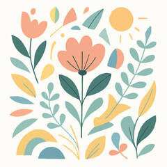 Bright Spring Flowers And Leaves With Sun