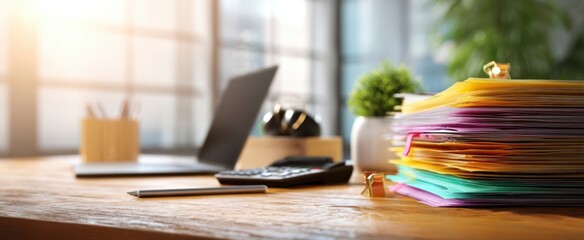 The organized workspace featuring colorful files and modern office essentials.