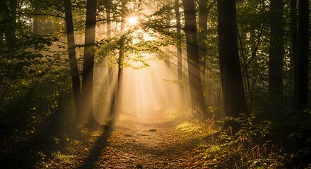 Obraz premium Sunlit Forest Path with Beams of Light and Autumnal Leaves