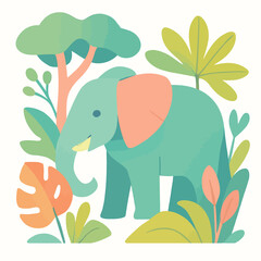 Cute Jungle Elephant Surrounded By Tropical Plants