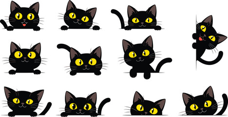Fototapeta premium Collection of cute cartoon black cats with yellow eyes peeking from behind a surface