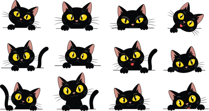 Collection of cute cartoon black cats with big yellow eyes peeking over a white surface