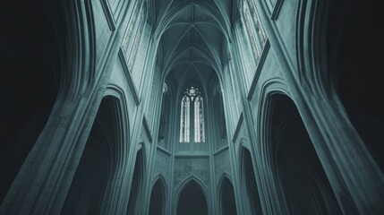 Mystical grandeur of a Gothic cathedral's towering arches and detailed windows