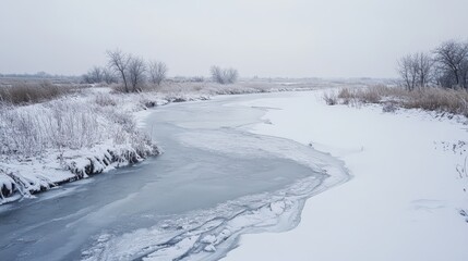 Obraz premium Frozen stream flowing through a snowy landscape.
