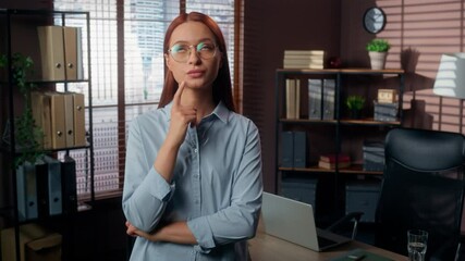 Caucasian businesswoman in office thinking pensive raising finger up inspired come up with idea excited business woman female girl worker successful creativity innovation solution planning strategy - Powered by Adobe