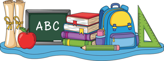 Back to school supplies vector illustration with books backpack blackboard and apple for students learning