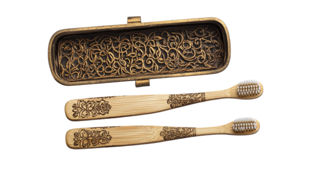 • A set of luxury bamboo toothbrushes in elegant packaging, isolated on white background in HD 