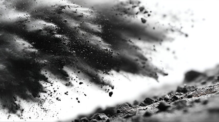 Obraz premium Dramatic explosion of dark particles against a bright white backdrop