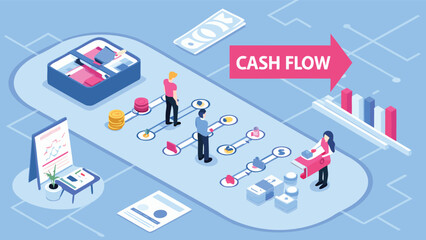 Isometric view of people analyzing data displayed on circular screen arrangement with charts and graphs
