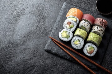 neatly arranged sushi rolls on slate plate, chopsticks beside, studio lighting