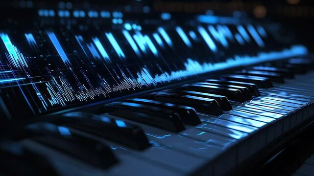 Illuminated keyboard displaying digital audio waveforms