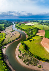 Farms and Fields over River Dart from a drone, Stoke Gabriel, Totnes, Devon, England