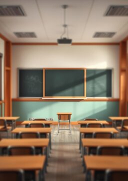 Blur background of interior design of empty classroom with blackboard empty classroom with desk chair and blackboard at school no people cartoon style education concept back to school : generative ai