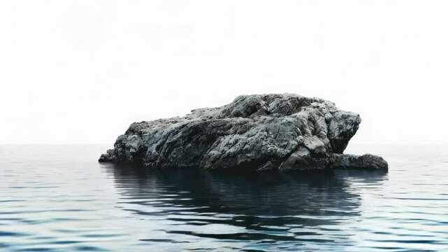 A rock surrounded by calm lake water, ideal for use in nature or travel-related projects