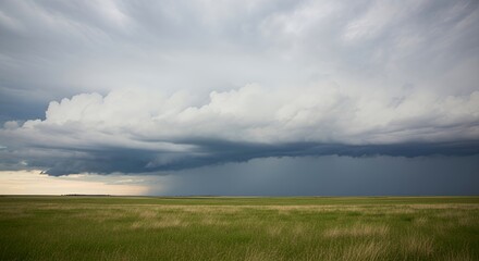 Fototapeta premium Dramatic Storm Clouds Looming Over Vast Green Prairie Landscape