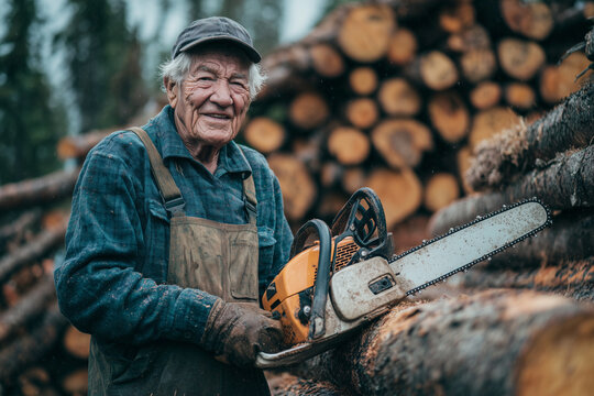 An old man is smiling while holding a chainsaw
