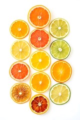 Obraz premium A vibrant, seamless pattern of fresh citrus fruit slices including orange, lemon, and lime, bursting with juicy, healthy, tropical sweetness
