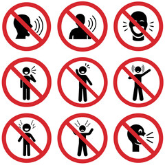 Set of prohibitory signs indicating that shouting and laughing loudly is prohibited