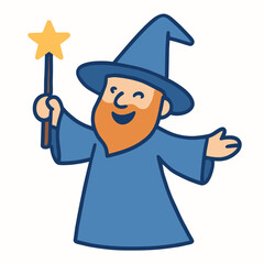 Smiling Cartoon Wizard With Magic Wand