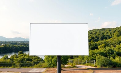On a vast stark white canvas a blank billboard stands sentinel its surface bathed in the warm embrace of the sun its edges softened by the gentle curve of the river Beyond the billboard a lush tapestr