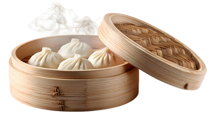 Steaming Soup Dumplings in Bamboo Steamer, isolated on transparent background