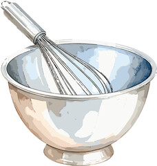 Stainless mixing bowl watercolor baking tools and ingredients vector illustration