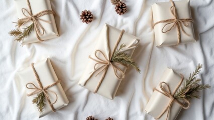 Rustic Minimalist Christmas Gift Packaging:  Cream Paper, Jute Twine, Greenery Accents, Flatlay