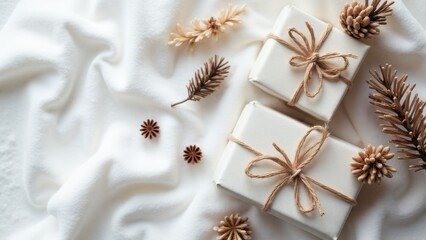 Fototapeta premium Two Minimalist White Gift Boxes with Natural Twine and Dried Floral Accents on White Fabric