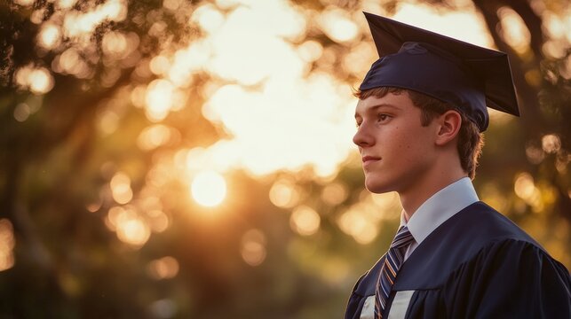 A young man in graduation attire, outdoors at sunset. - Powered by Adobe