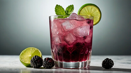Refreshing Blackberry Mojito cocktail, garnished with a sprig of fresh mint leaves, blackberries, and a slice of lime