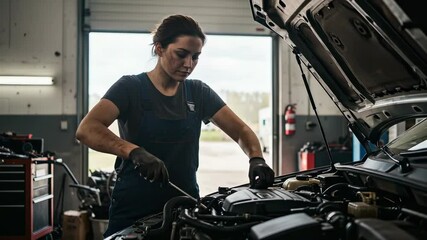 A focused female mechanic with grease on her face and arms works on a car engine in a garage. - Powered by Adobe