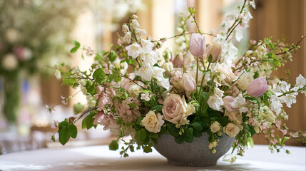 Elegant English garden bouquets in vintage vases, adorned with peonies, tulips and roses and other flowers, displayed in manor garden with dappled light and timeless floral grace