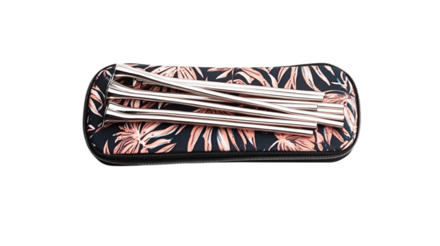 • A set of premium stainless steel reusable straws in stylish case, isolated on white background in HD 