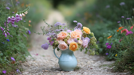 Elegant English garden bouquets in vintage vases, adorned with peonies, tulips and roses and other flowers, displayed in manor garden with dappled light and timeless floral grace