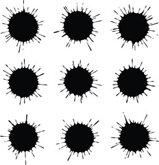 Fototapeta premium Nine black ink splatter blots isolated on white background