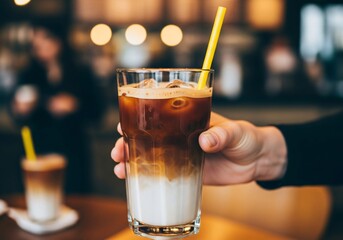A hand is holding a glass of iced coffee with a yellow straw in a coffee shop, likely while enjoying the drink or socializing.