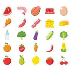 Colorful Flat Food Icon Set – Meat, Seafood, Dairy, Vegetables, Fruits, and Ingredients for Healthy Eating, Nutrition, and Cooking Design Projects