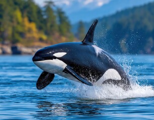 A white and black orca breaching in the ocean