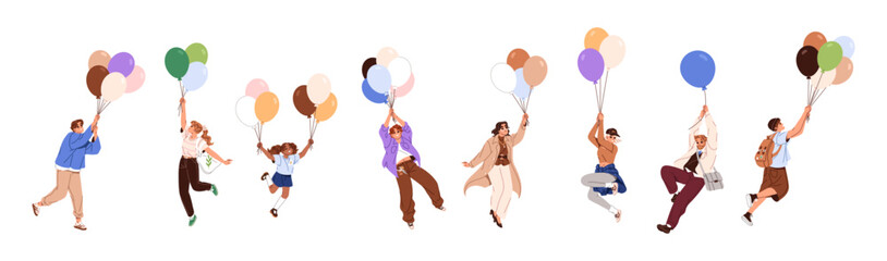 Set of happy people flying with balloons in the sky. Men, women and kids fly up with cute bunch of ballons. Characters dream, soaring in the air. Flat isolated vector illustrations on white background © Paper Trident