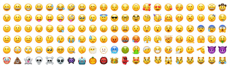 Set of yellow emoji and emoticon faces in vector graphic format on a transparent background. This collection represents a variety of emotions and expressions, perfect for digital designs. Vector icon.