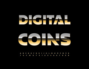 Vector Financial promotion Digital Coins. Glossy Futuristic Golden Font. Classy Uppercase Alphabet Letters and Numbers set. 