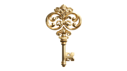 Ornate Golden Key 3d rendered, isolated on transparent background