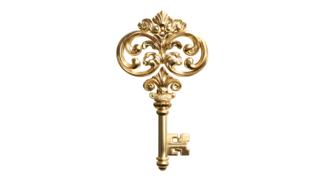 Ornate Golden Key 3d rendered, isolated on transparent background