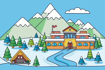 Tourist winter resorts in mountains with snow hills