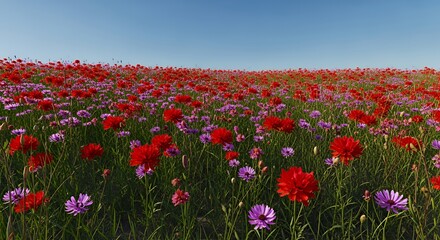 Obraz premium Vast Field of Red and Purple Flowers Under a Clear Blue Sky