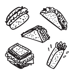 Set of sandwich illustrations: Hotdog, Hamburger, Kebab and Barreto. Hand drawn vector style in black and white. Suitable for use as illustrations or decorative elements.