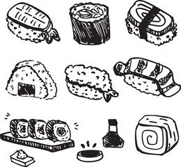 Set of hand drawn Japanese sushi food illustrations. Black and white vector style for illustration or decorative elements.