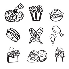 A collection of fast food with various hand drawn lines.